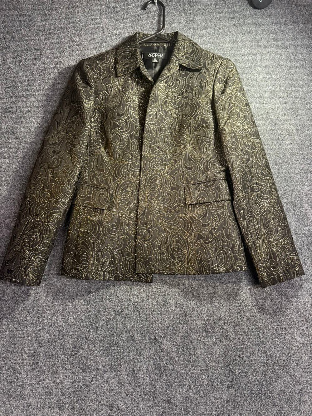 Kasper Women's Metallic Gold Paisley Jacquard Suit Blazer Jacket Size 2P